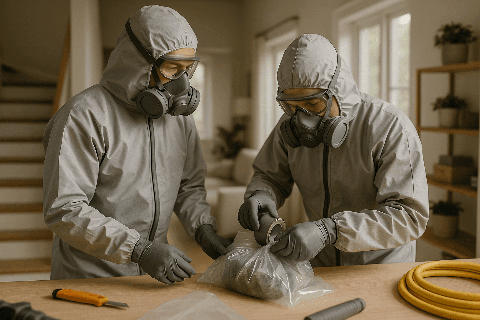 Two workers in full protective gear removing asbestos in a clean residential interior