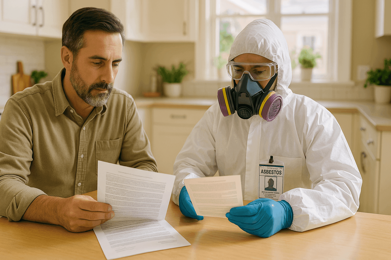 Homeowner and technician reviewing credentials and paperwork at a kitchen table