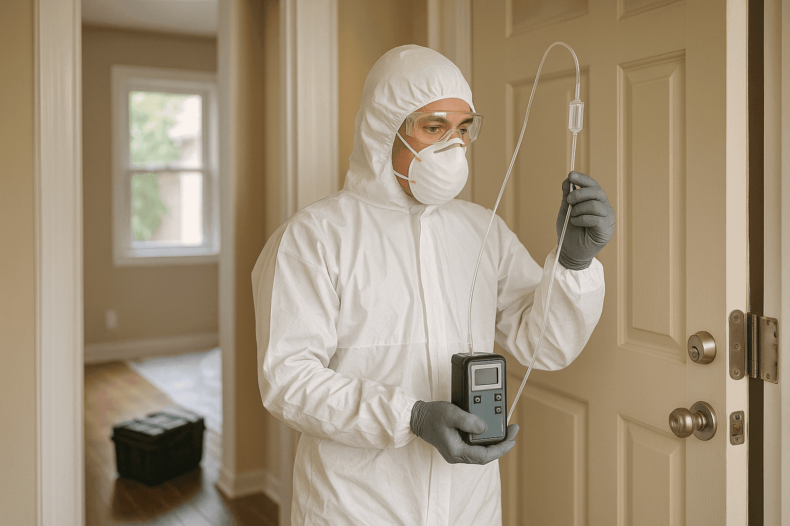 Technician performing air quality testing after asbestos removal in a home