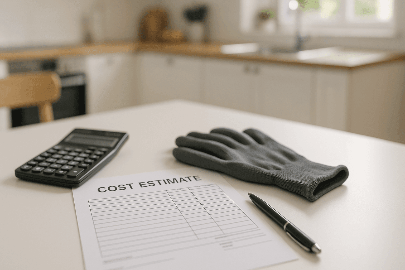 Estimate sheet and calculator on a kitchen table with protective gloves nearby
