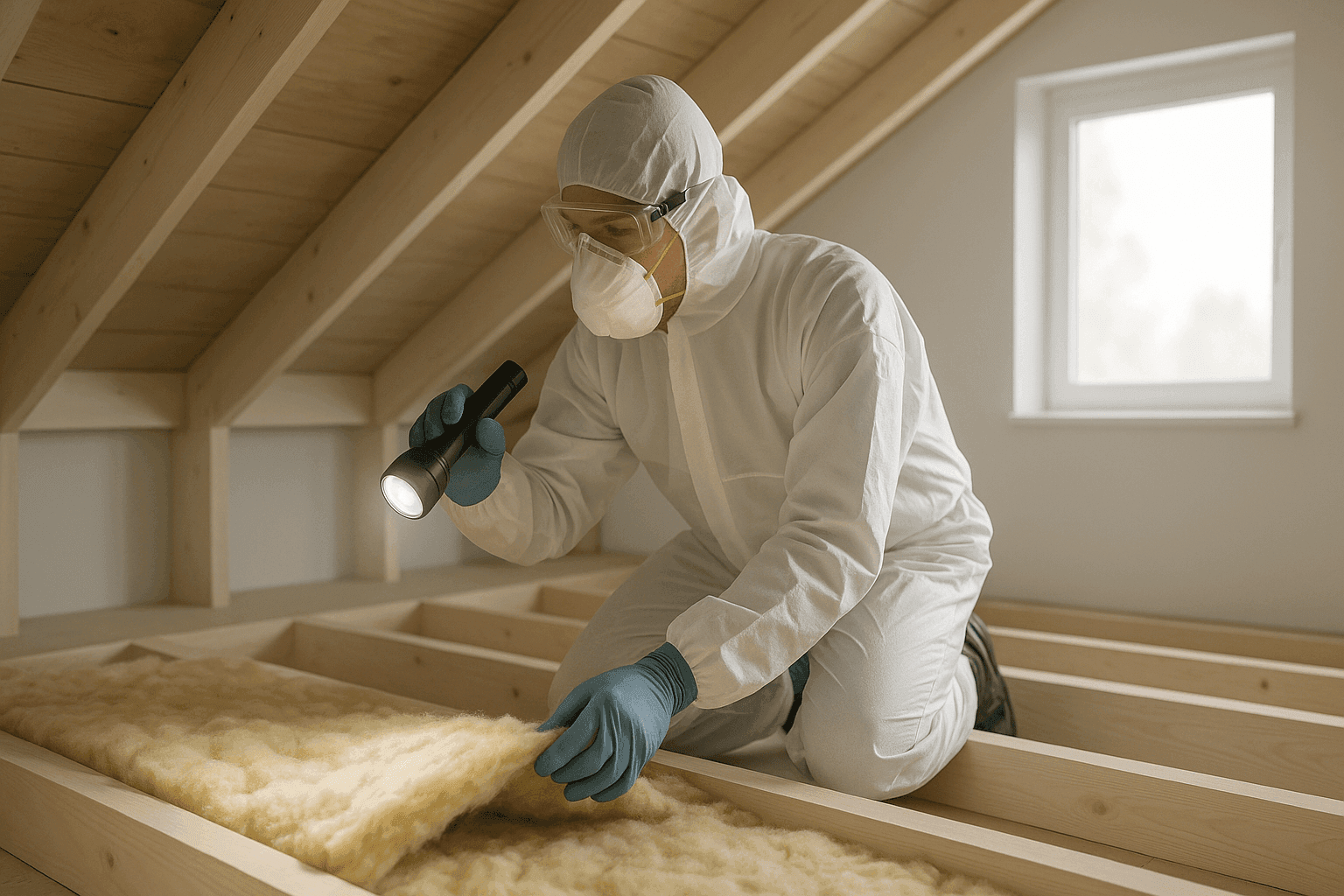 Homeowner examining ceiling insulation for potential asbestos