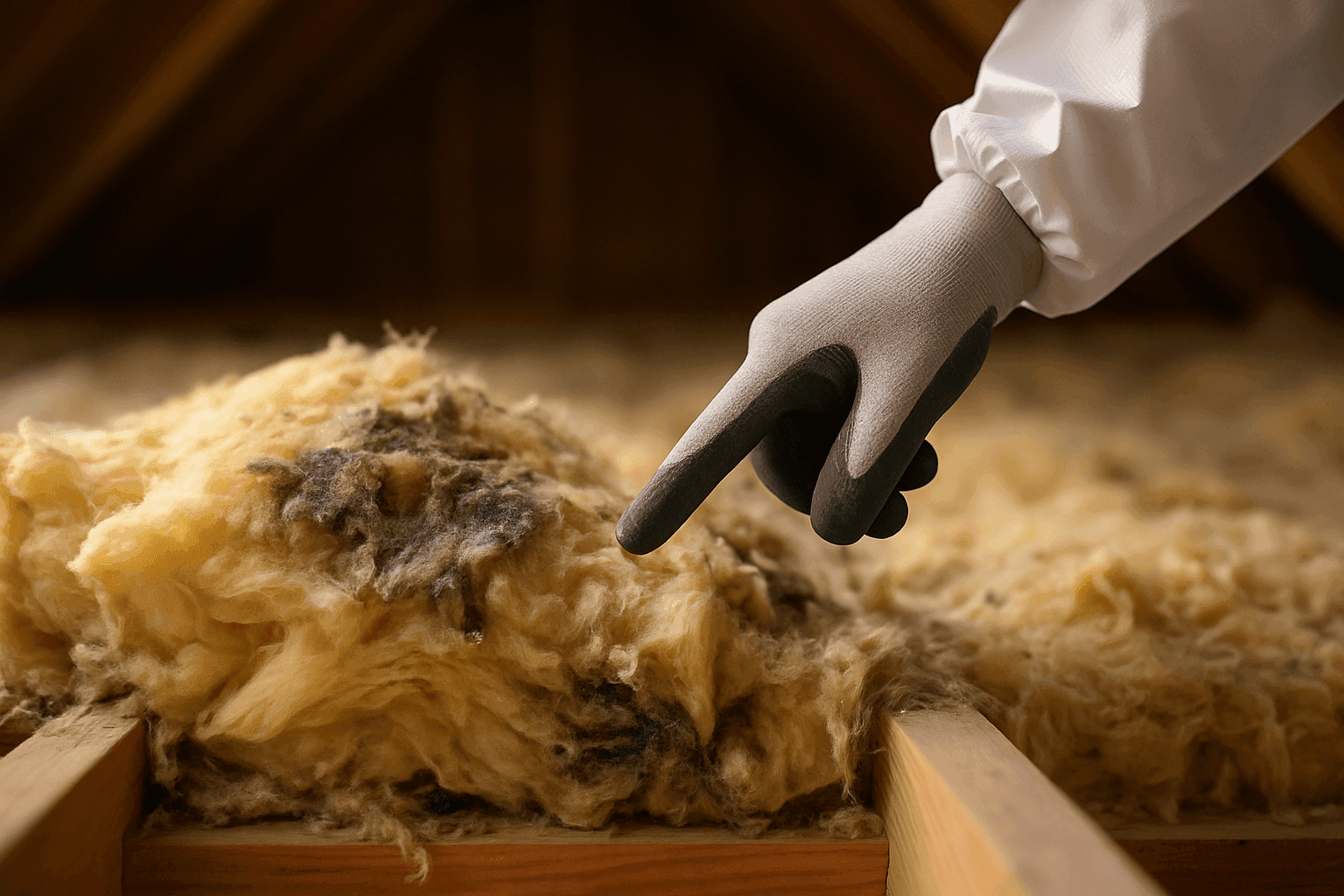 Close-up of damaged insulation in an attic, possibly containing asbestos