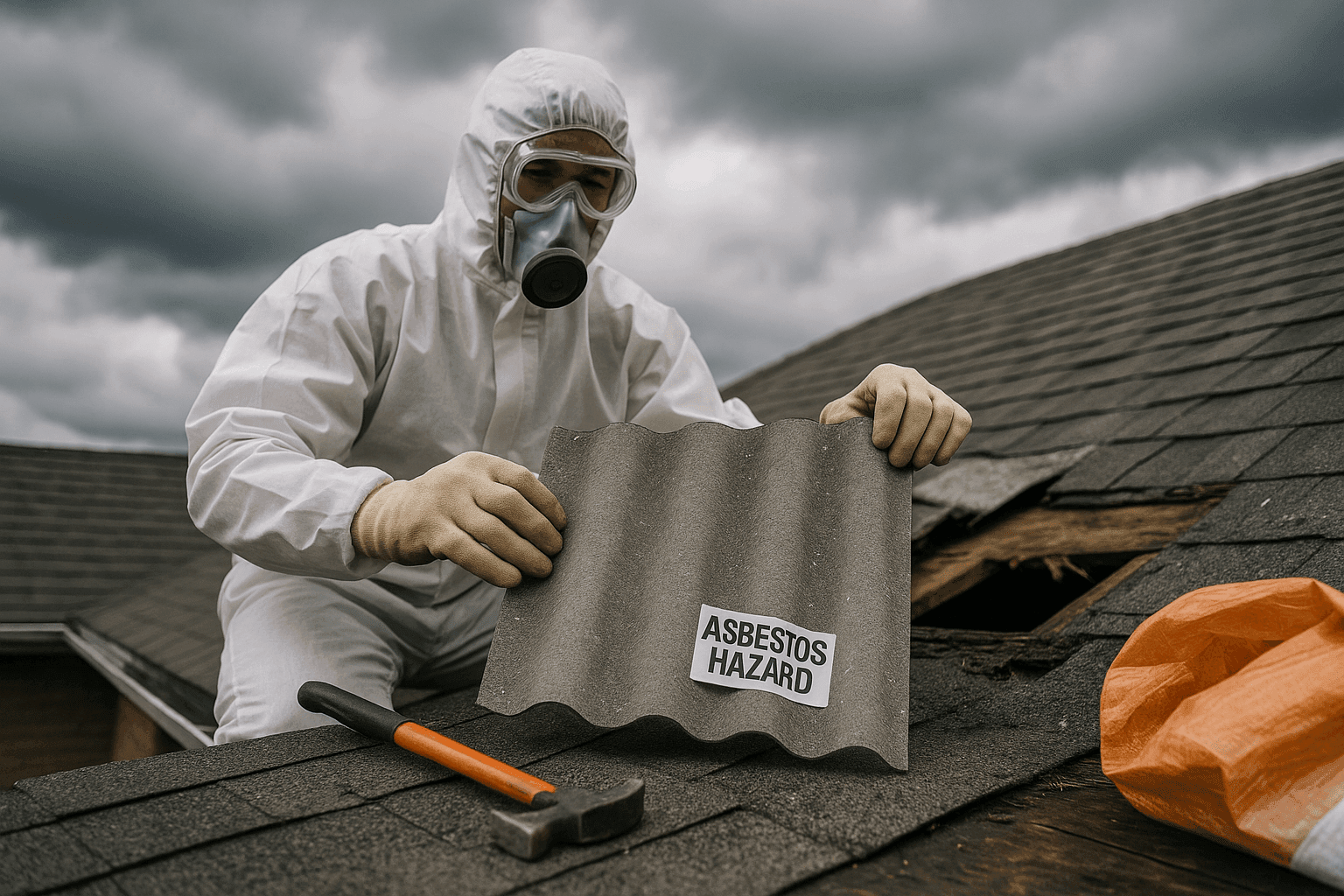 Home roof showing storm damage with cloudy sky indicating seasonal asbestos risk
